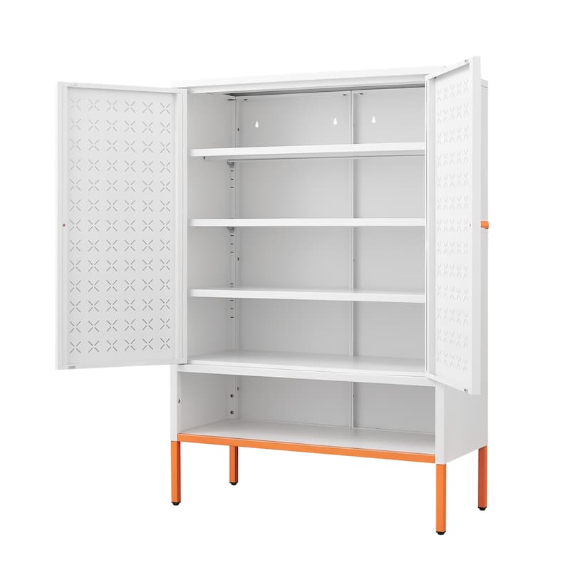 Double Door Metal Shoe Cabinet with 2 Removable Adjustable Shelves - White