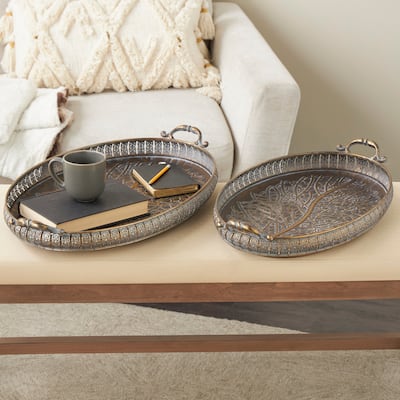 Brass Metal Ornate Oval Scroll Living Room Decor Tray with Tree Patterned Interior (Set of 2)