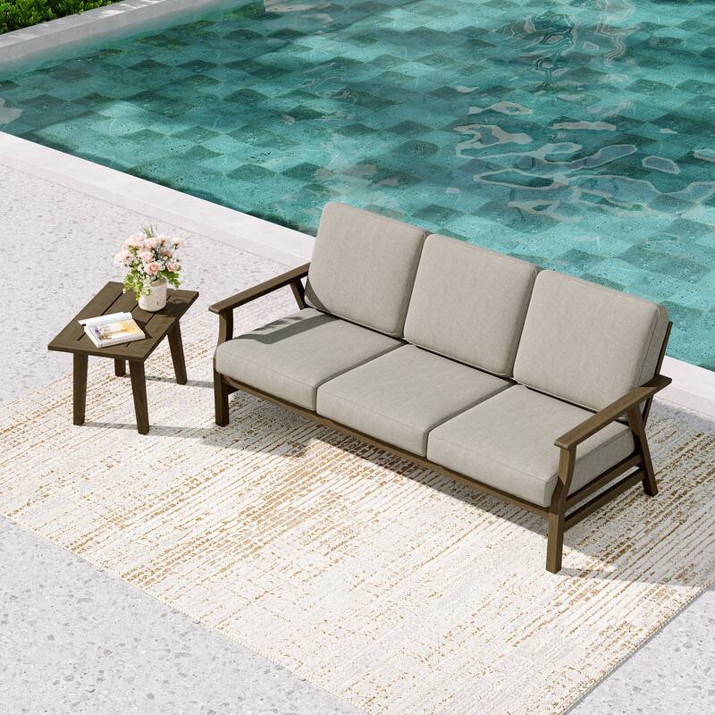 2-Piece Teak Outdoor Sofa Set with Table - Light Camel/side table - Brown Wood