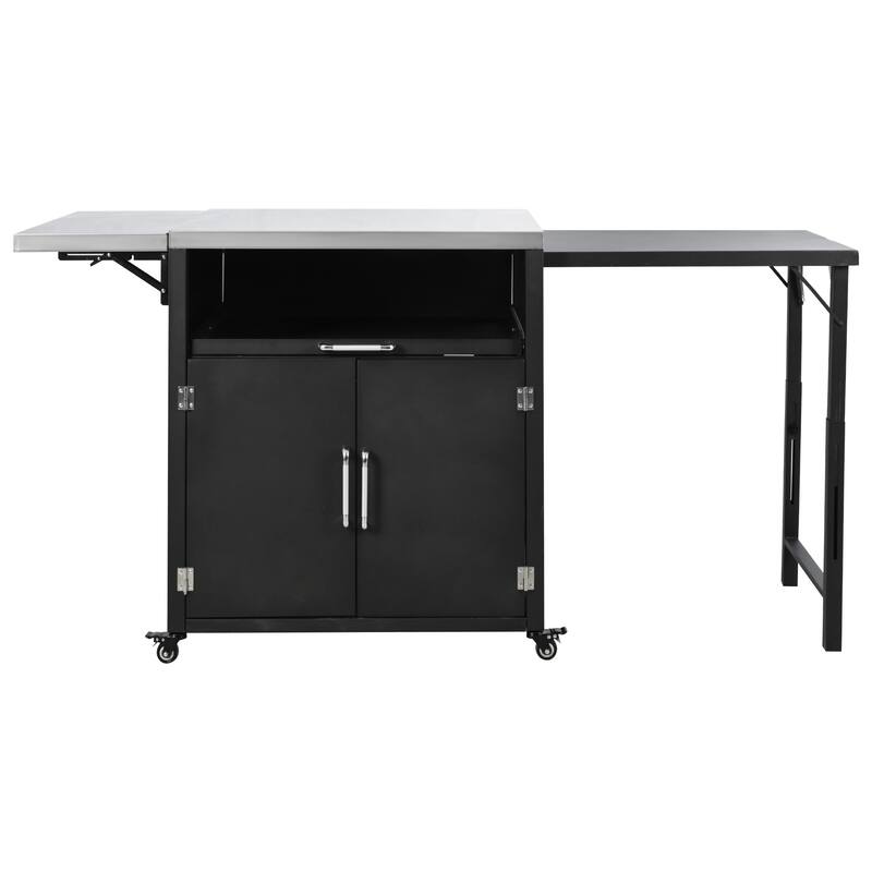 Roomfitters Versatile Outdoor Cabinet with Folding Work Surfaces Lockable Wheels & Ample Storage, Matte Black