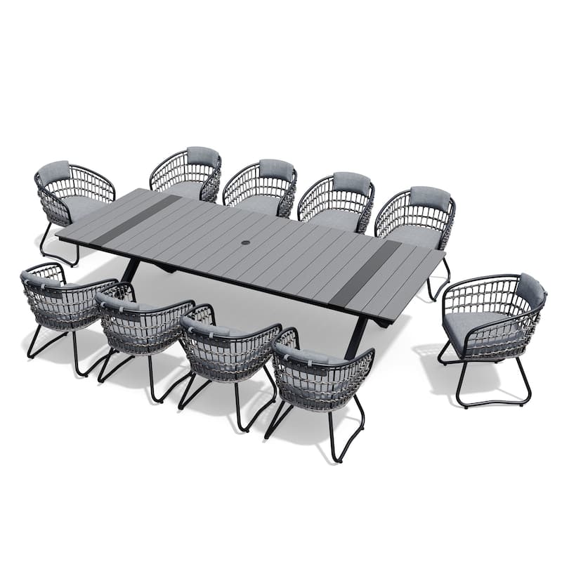 11-Piece Outdoor Dining Set Aluminum Dining Table with Cushioned PE Rattan Chairs