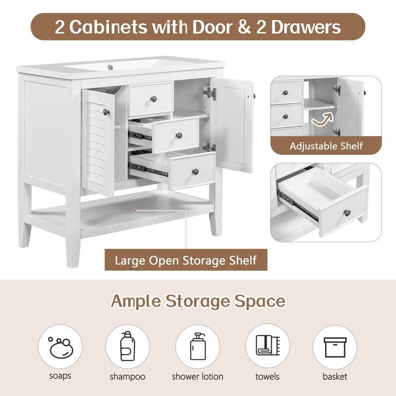 36" Bathroom Vanity with/without Sink, Bathroom Vanity Cabinet with 2 Cabinets and Drawers, Open Shelf, Solid Wood Frame
