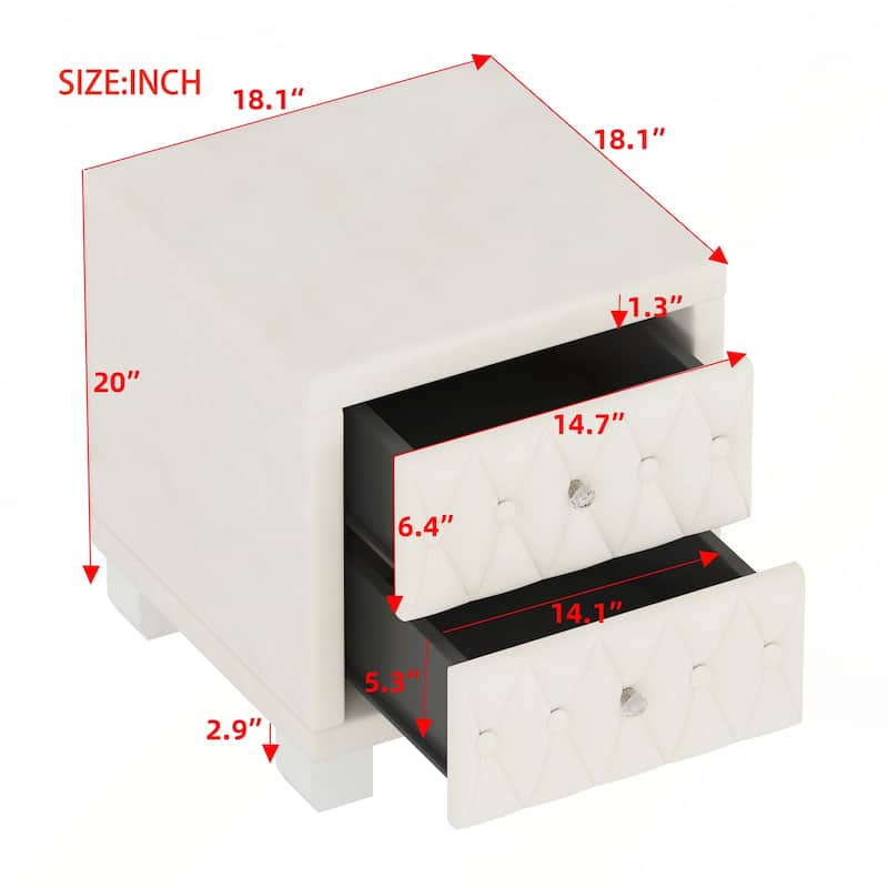 Elegant Velvet Nightstand with 2 Drawers and Crystal Handle