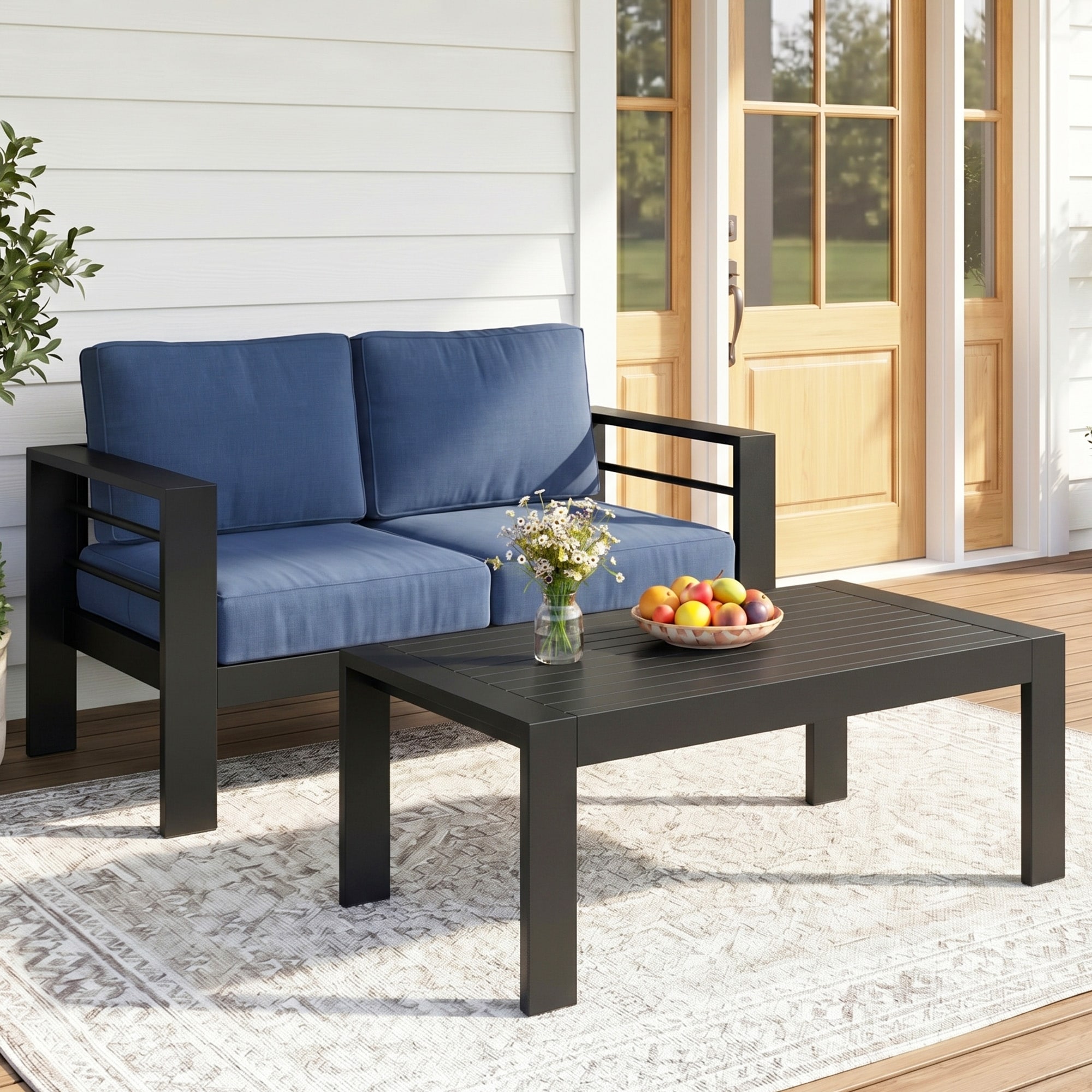 2-Piece Aluminum Outdoor Patio Loveseat with Coffee Table