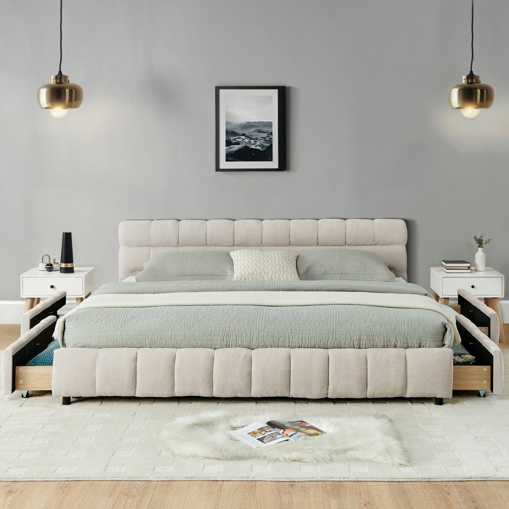 Upholstered Bed with Geadboard and Solid Bed Frame