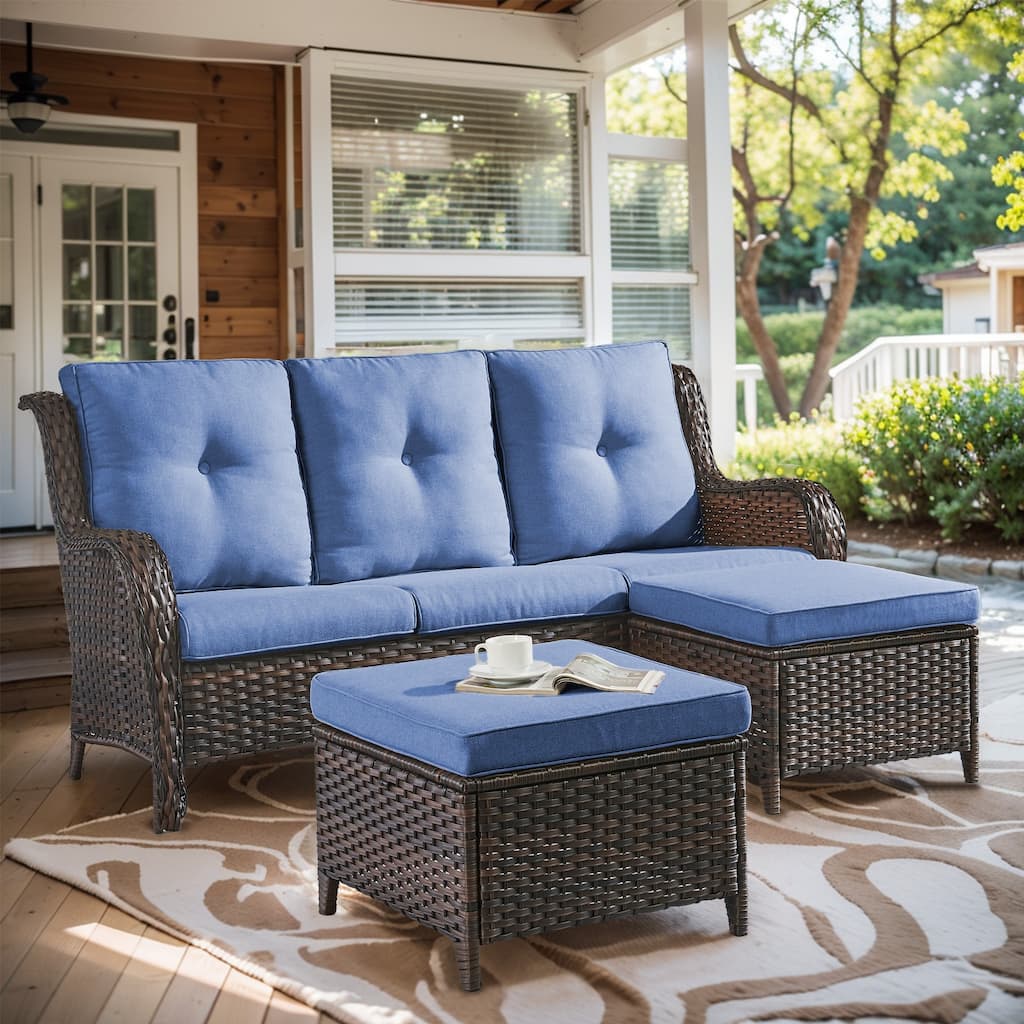 Outdoor 3-Piece Sofa with Ottomans Brown-Blue - Brown