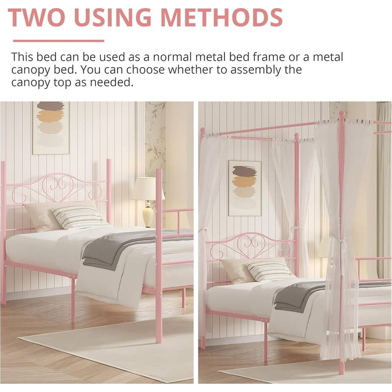 VECELO Twin Canopy Bed Frame with Headboard and Footboard, Metal Four Posters Design, Platform with Steel Slats Support