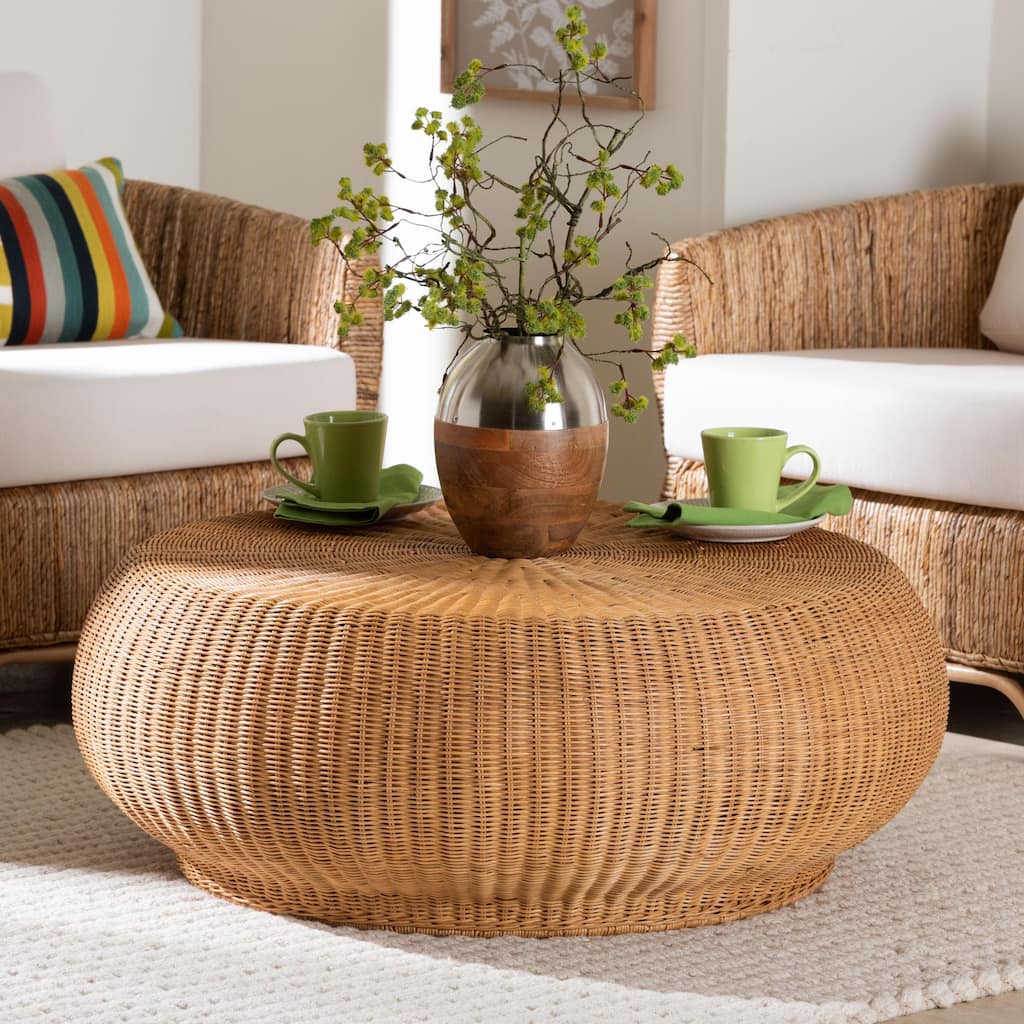 Beatriz Natural Rattan Coffee Table : Handwoven Wicker Accent Table with Sculptural Drum Silhouette and Round Tabletop