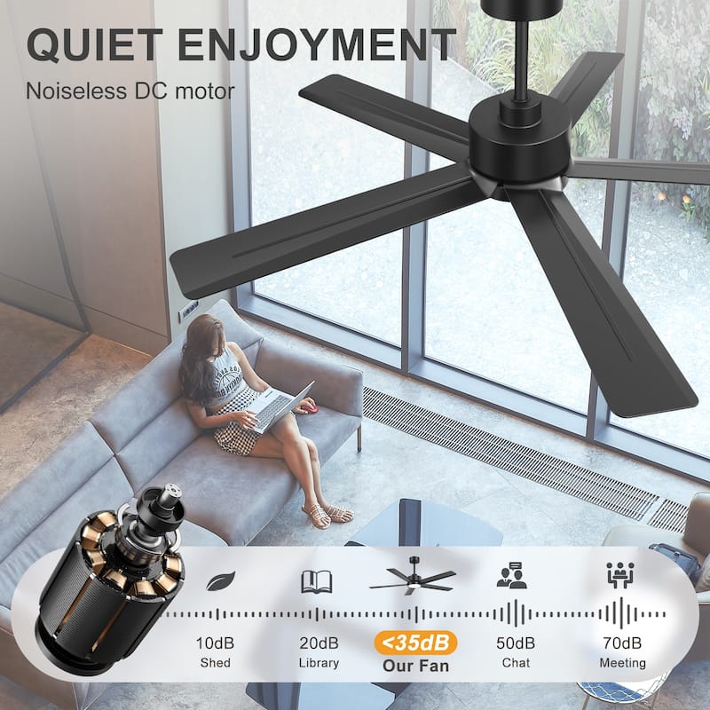52"/ 65"/72" Black LED Ceiling Fan with Light Kit and Remote(5/8 Blade)