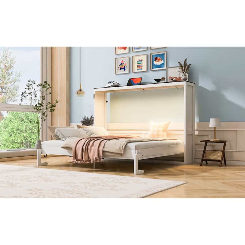 Roomfitters Full/Queen Size Murphy Bed with Desk, LED Light and Hydraulic Lift, Cabinet Design