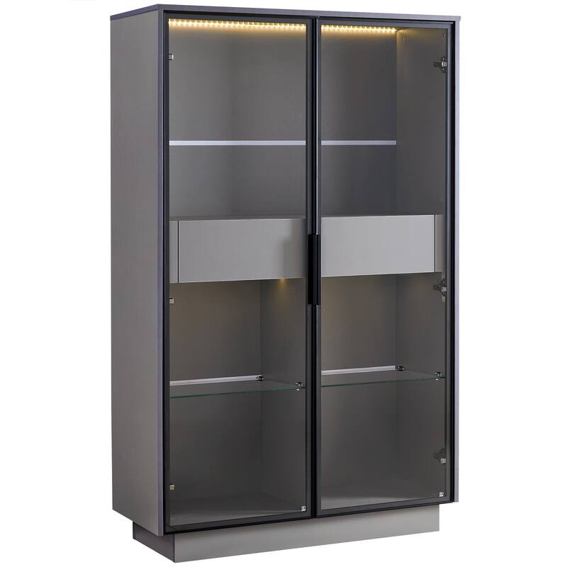 Roomfitters 60.6'' Display Cabinet with Glass Doors, Freestanding Pantry Storage Cabinet with Adjustable Shelves for Home, Grey