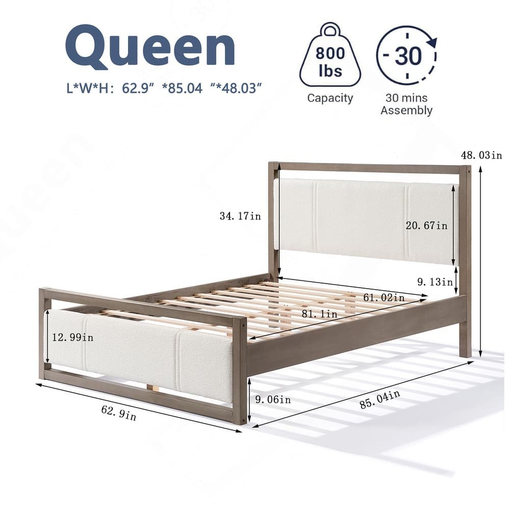 dimensions image flyout slide 1 of 2, Luxurious Wood Bed with Soft Headboard for Ultimate Comfort