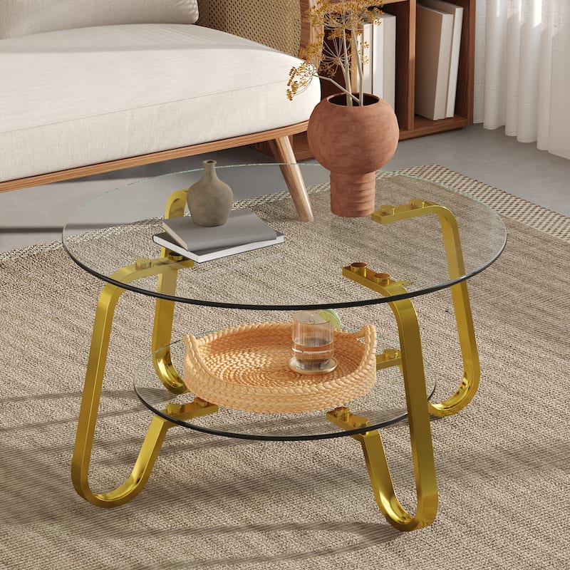 Retro Metal Frame Coffee Table with Double Layer Tempered Glass Minimalist Design - Gold
