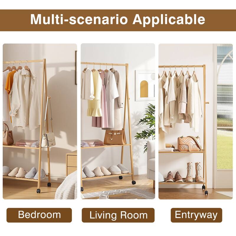 Javlergo 59/53 Inch Tall Bamboo Coat Rack with 2 Shelves 4 Wheels & Hooks Multi-Functional Freestanding Clothes Rack for Bedroom