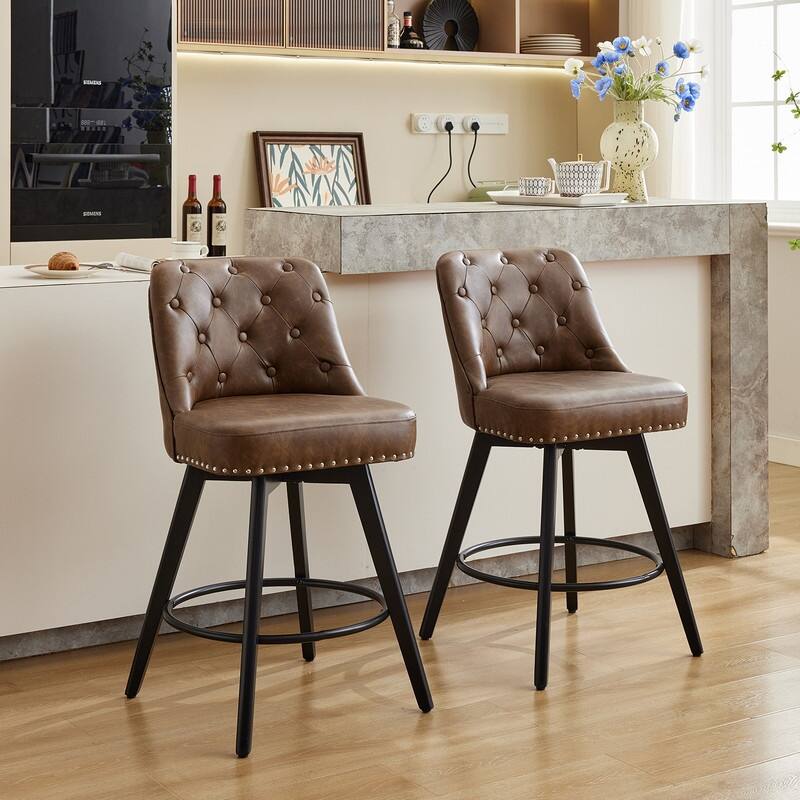 Bar Stools Set of 2, Modern Swivel Counter Height Bar Stools with Back and Wood Legs - Faux Leather Brown