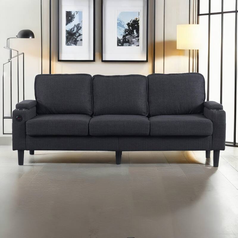 L Shaped Sectional Sofa with Storage Ottoman, Upholstered 3-Seater Sofa with USB Port, Cup Holders & Side Pockets