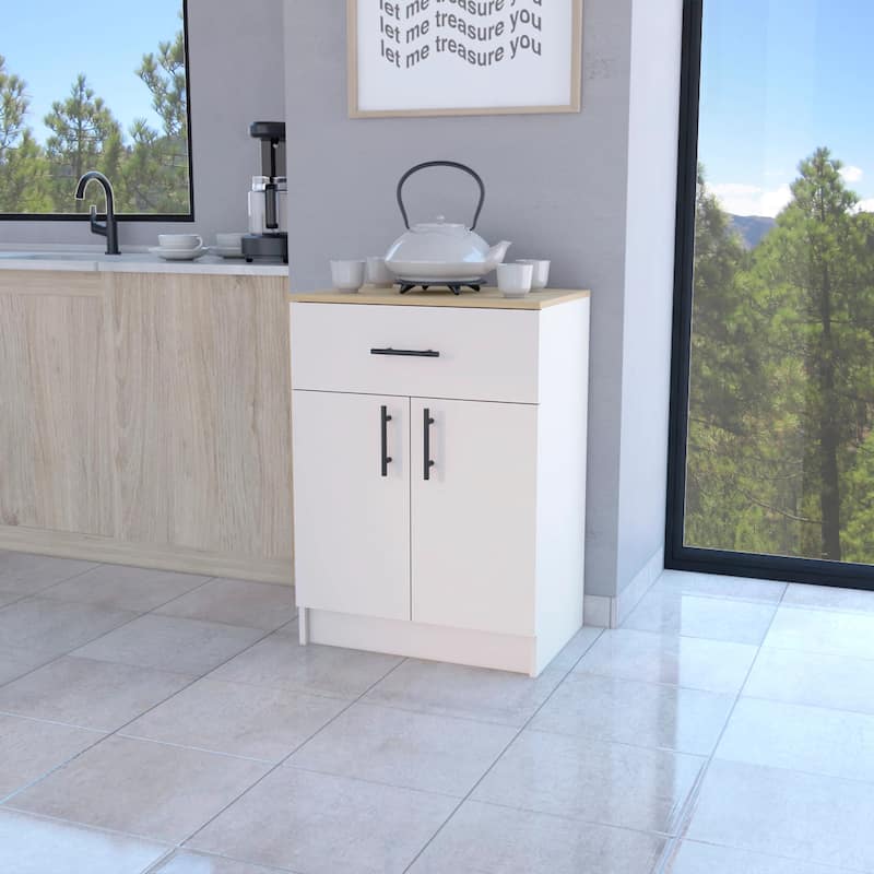 Ivory and Natural Oak 2-Door Kitchen Pantry with 1 Drawer