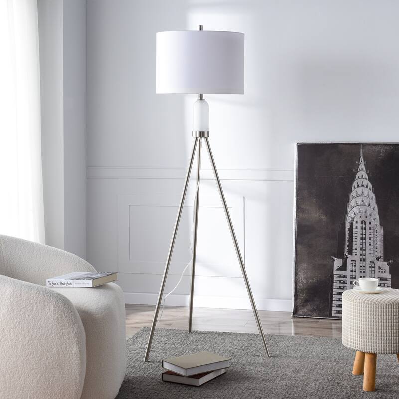 StyleCraft Orion Tripod Floor Lamp with LED Night Light - Brushed Nickel - White Shade