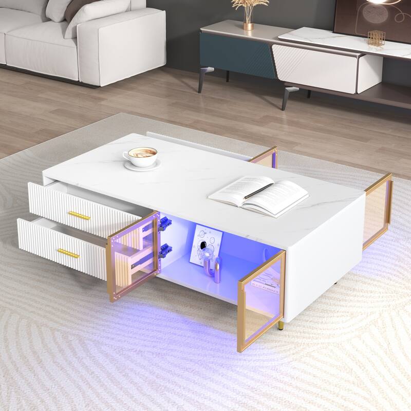 Modern Coffee Table with 2 Glass Door Storage, 4 Drawers, Gold Metal Legs, and Multi-Color Lighting in 47.2''