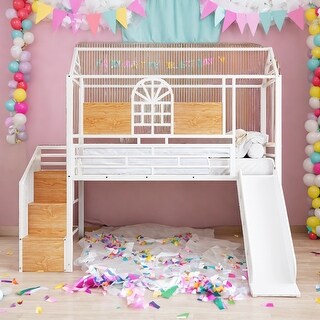 Twin Over Twin Metal Bunk Bed, Metal Housebed with Slide and Storage Stair, White