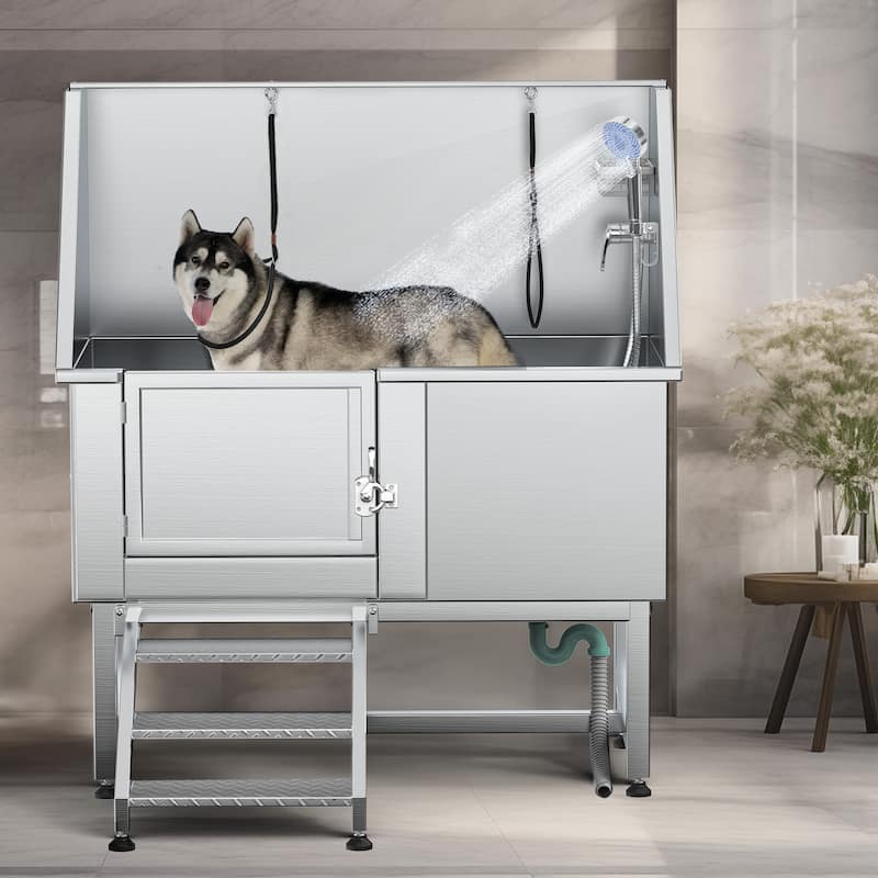 50'' W Stainless Steel Adjustable Pet Grooming Tub with Steps - Silver