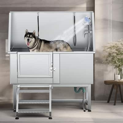 50'' W Stainless Steel Adjustable Pet Grooming Tub with Steps - Silver