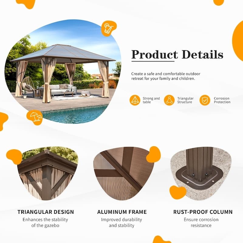 Hardtop Gazebo for Backyard – Permanent Pergola with Netting, Curtains & Double Roof, All-Weather Outdoor Shelter