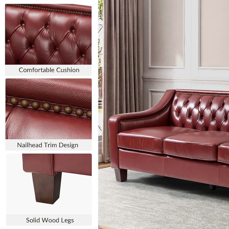 Mateo 82.28" Wide Transitional Genuine Leather Sofa with Nailhead Trim and Button-Tufted Back