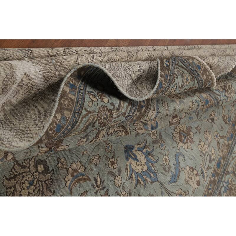Blue Tabriz Persian Rug Hand-Knotted Distressed Floral Wool Carpet - 7'4"x 10'8"