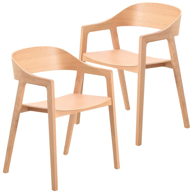 Dining Chair in Oak Wood with Open Back Design and Armrests Set of 2 Rivo Series - Natural