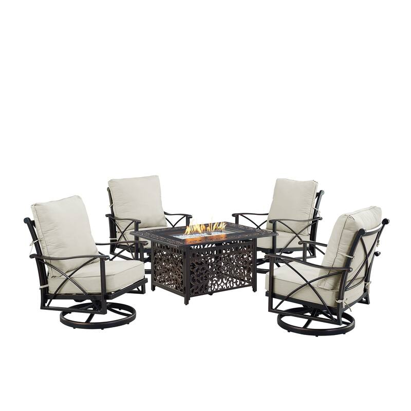 Black Aluminum Fire Table Set with Four Club Chairs