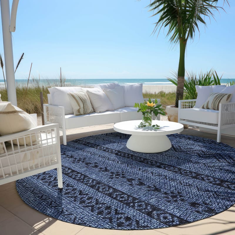 Machine Washable Indoor/ Outdoor Chantille Stripes Boho Rug - Navy - 8' x 8'