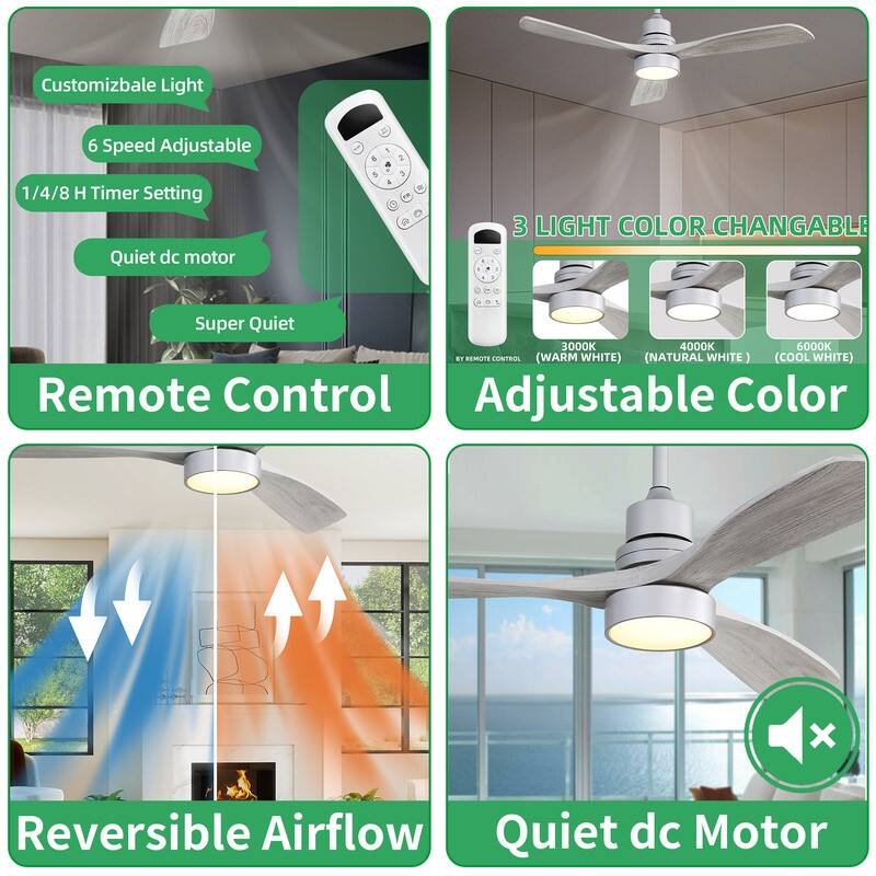 48/52 in. Modern Ceiling Fans with LED Light,Quiet/Reversible DC Motor, Flush Mount or Downrod, in White/Silver/Black