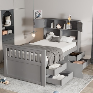 Twin Size Captain Platform Bed Frame w/Bookcase Headboard & 4 Drawers