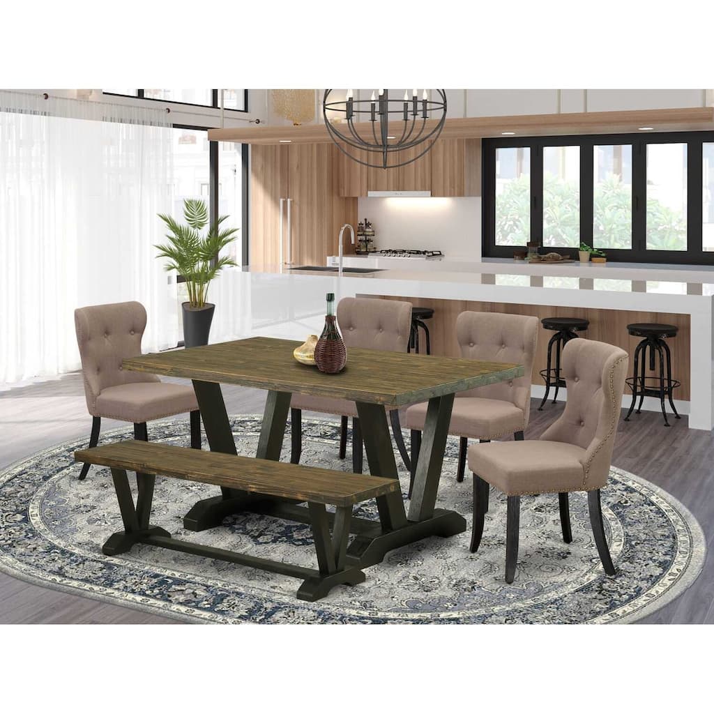 HomeStock 6-Piece Rectangle Distressed Jacobean Finish Solid Wood Top Dining Table with 1-Bench, 4-Chairs