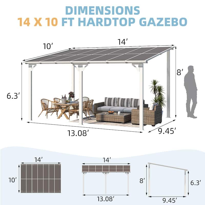 10X14Ft Outdoor Pergola Gazebo, Wall Mounted Lean to Awning Gazebo