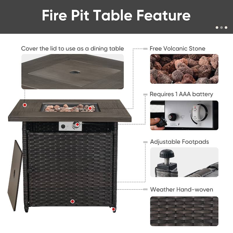 4Pieces Patio Swivel Chairs with Fire Pit Table - Grey cushion - Brown