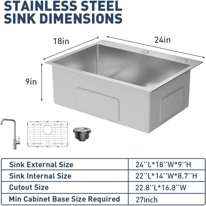 24"X18"X9" Undermount Kitchen Drop In Sink for Easy Installation with Faucet