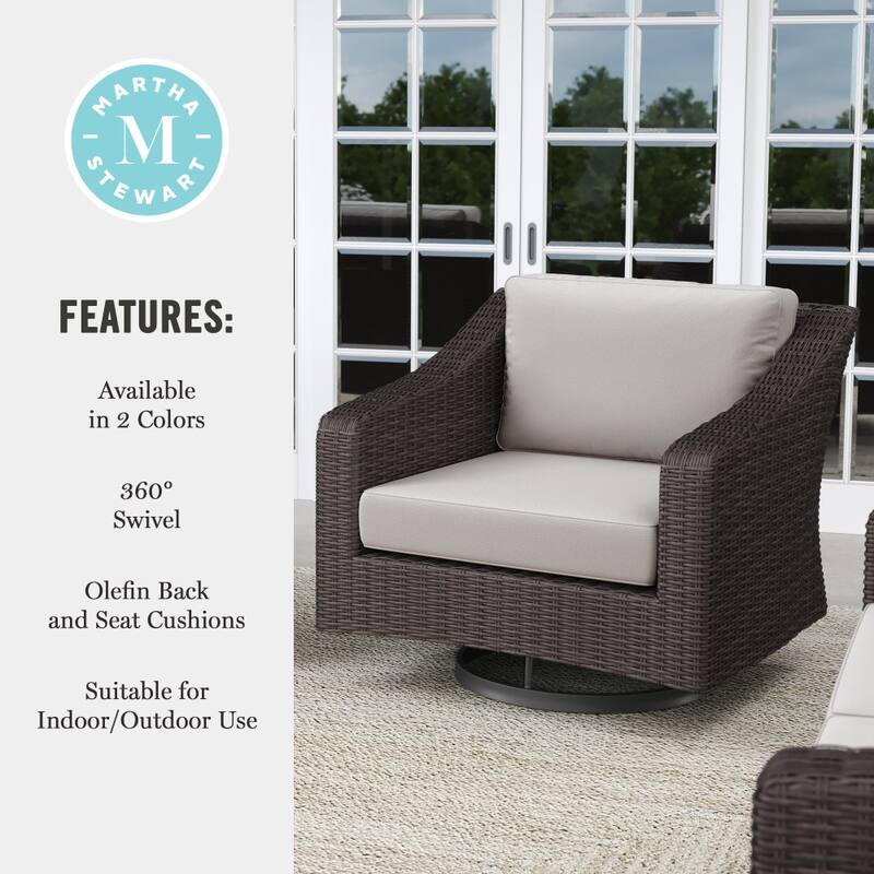 Martha Stewart 2PK Outdoor Rattan Wicker Swivel Chairs with All-Weather Cushions - 32"W x 34"D x 30"H