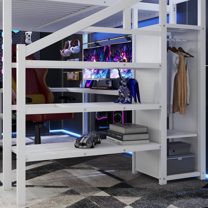 Metal Queen Loft Bed w/ Wardrobe & LED Light L Shaped Desk USB for Kids Teens Adults - White