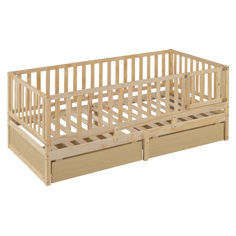 Natural Twin Size Solid Wood Daybed with Fence Guardrails and 2 Drawers, Split into Independent for Bedroom