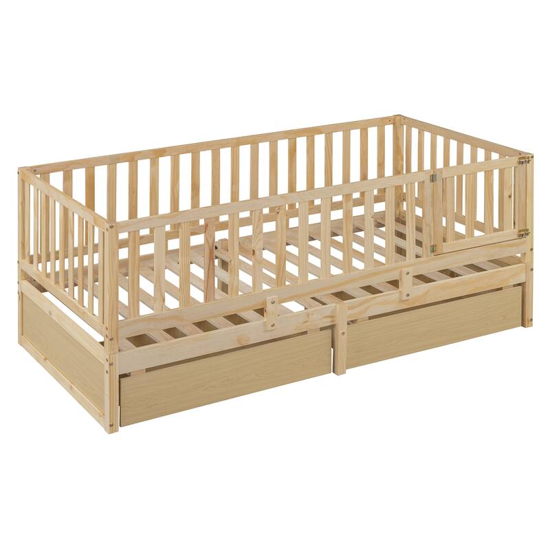 Pine Wood Daybed Floor Bed Frame with Fence Guardrails and 2 Drawers, Converts into Two Individual Beds, No Box Spring Needed