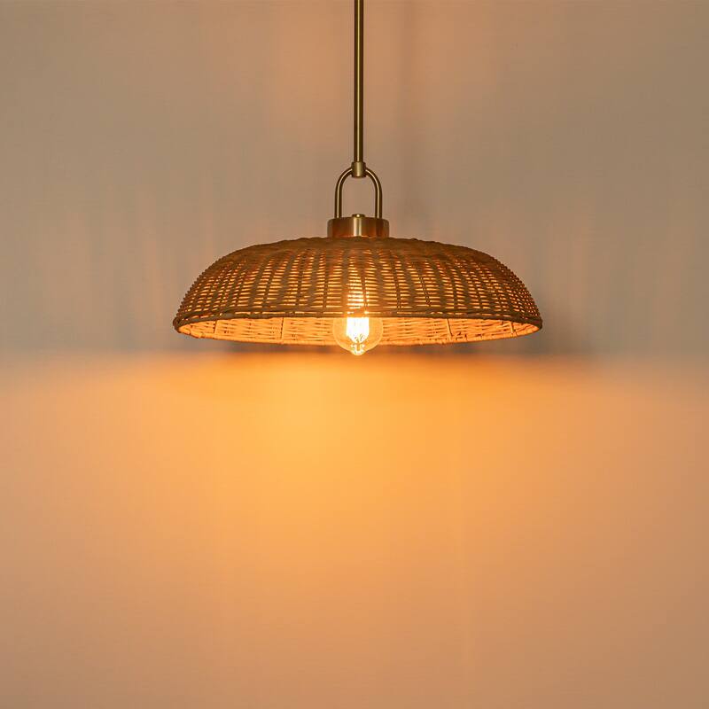 1-Light Modern Farmhouse Dome Straw Hat Hand Woven Chandelier with Natural Rattan Shade - Brass - 18.11" W × 9.06" H