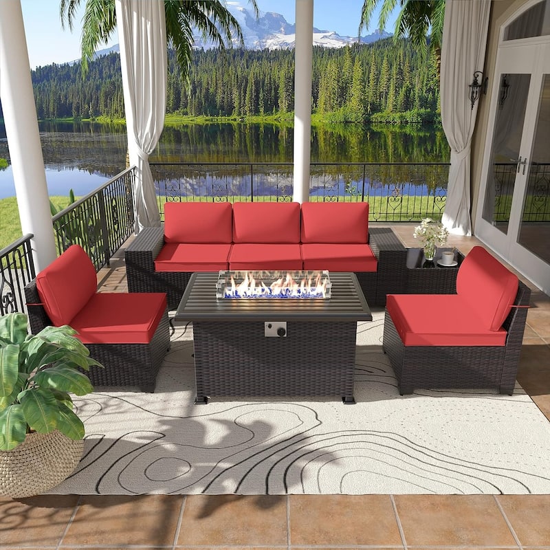 Delnavik 7 Pieces Rattan Outdoor Patio Furniture Sofa Set with Firepit - 7 pcs - Red