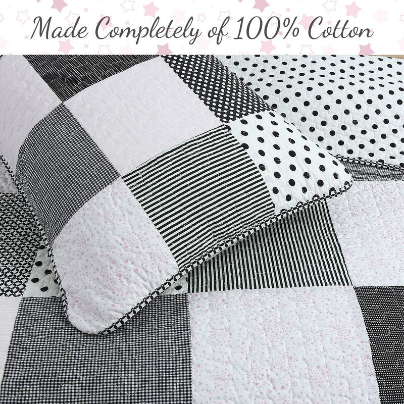 Cozy Line Halftone Black White & Subtle Pink Polka Dot Patchwork Cotton Quilt Bedding Set