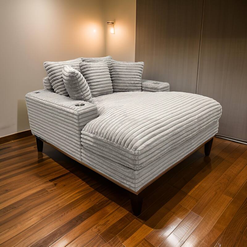 Ziv Oversized Cuddler Chaise, Plush Ribbed Gray Polyester Upholstery