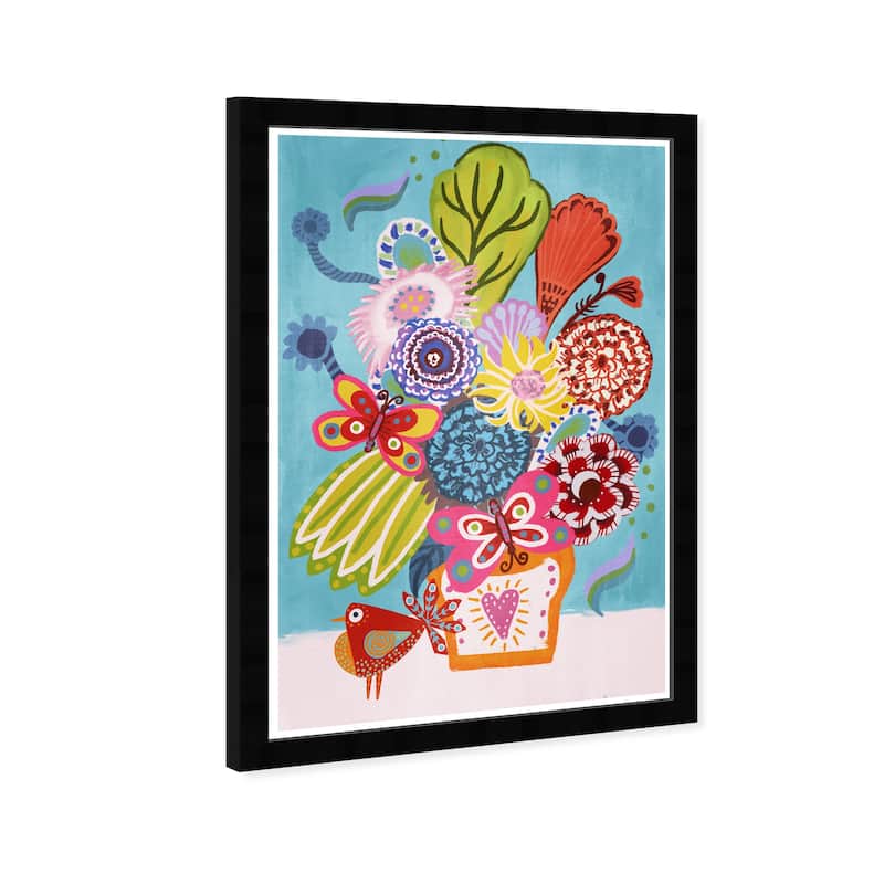 "Colorful Floral Butterflies", Boho Birds and Flowers Modern Blue Framed Wall Art Print for Bedroom