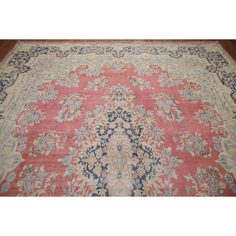 Hand Knotted Oriental 100% Wool Carpet Traditional Floral Pink Kerman Area Rug - 14' 0'' X 9' 11''