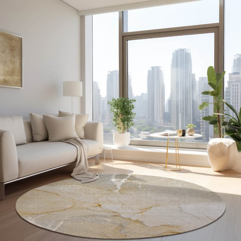Machine Washable Indoor/ Outdoor Abstract Chantille Rug - Beige - 8' x 8'