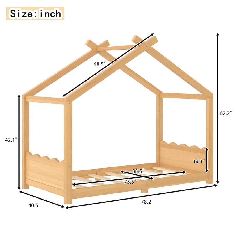 Roomfitters House Floor Bed with Support Slats, Solid Wood Open Frame Design